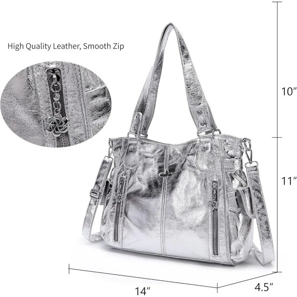 〽️Women's Silver PU Leather Hobo Shoulder Bag with Top Handle and Zipper Pockets